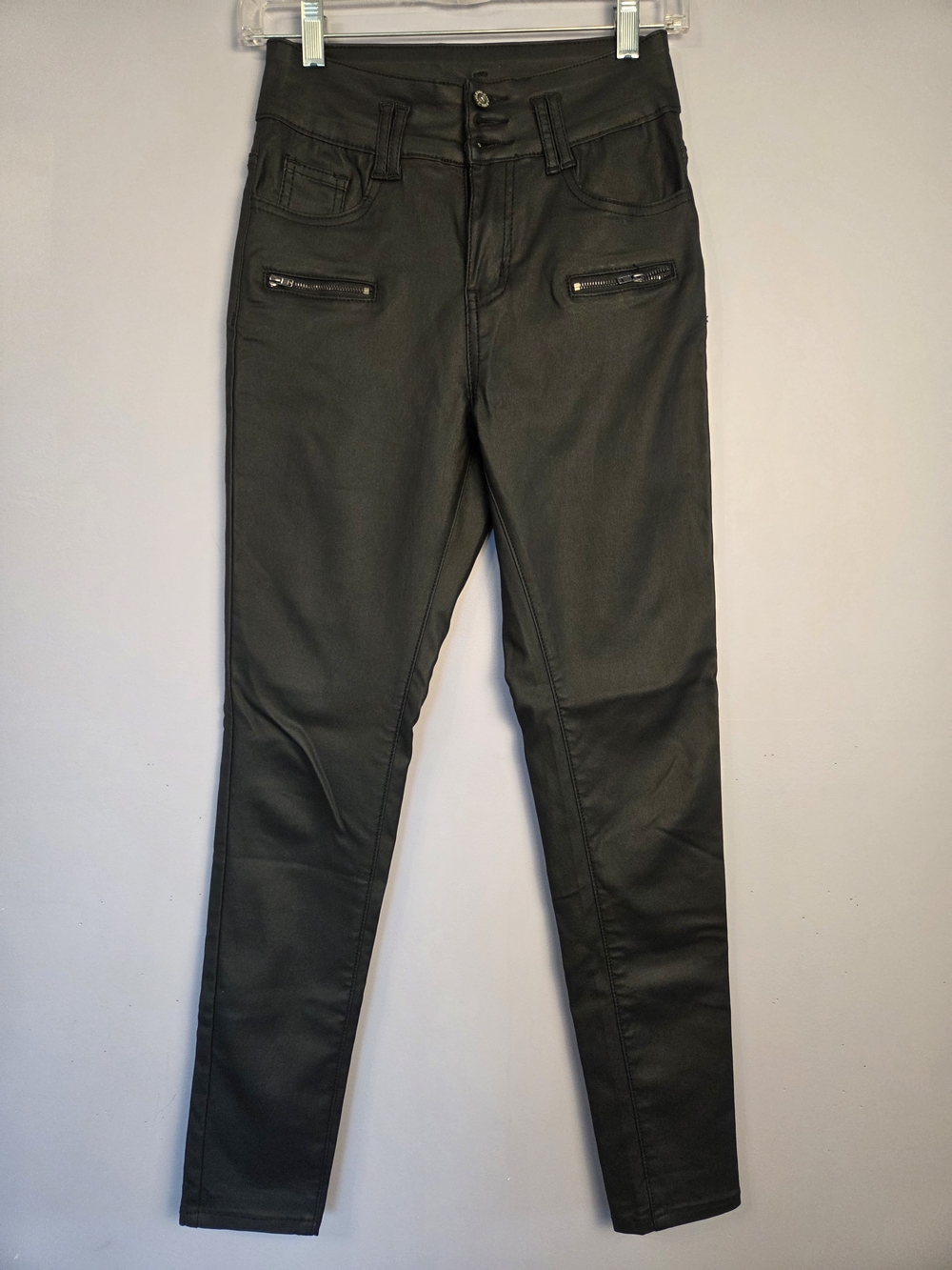 High-Rise Faux Leather-Like Skinny Pants Womens 2 Moto Goth Rocker Edgy Zippers